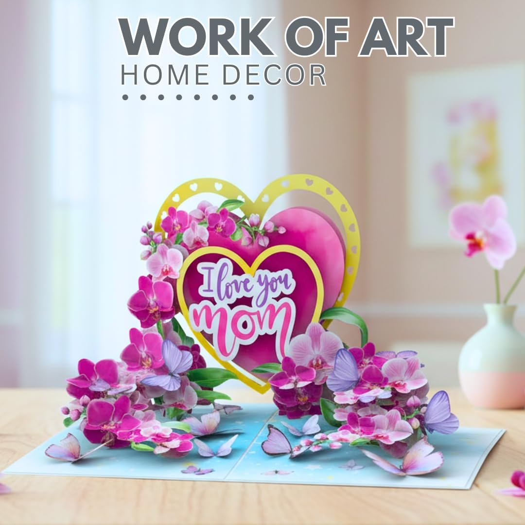PIECE GIFT 3D Pop-Up Mother's Day Card - 'I Love You Mom' Orchid Flower Design | Premium Greeting Card with Envelope