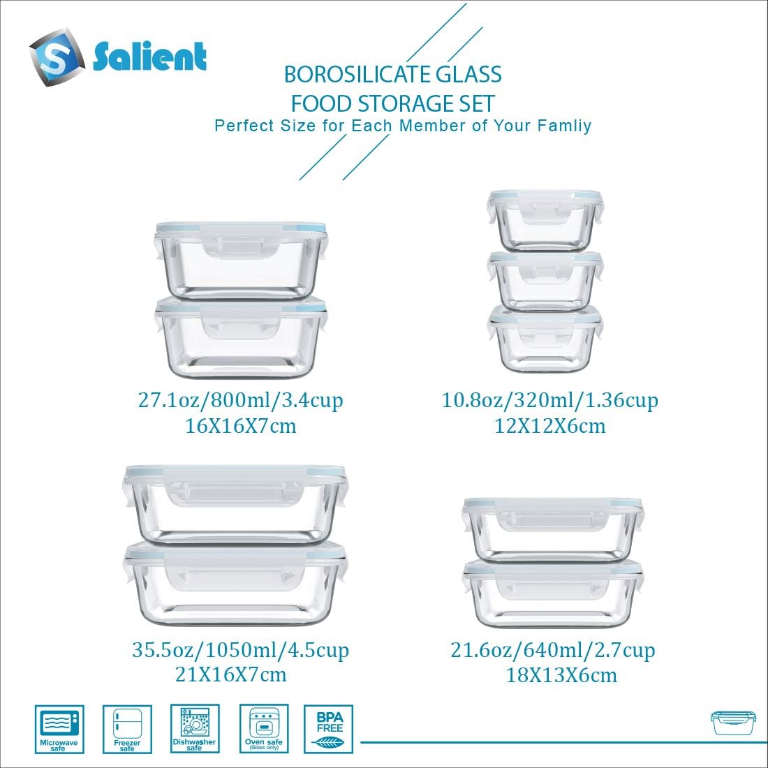 S Salient 18-Piece Glass Food Storage Containers - BPA-Free & Leak-Proof Meal Prep Set | Includes 9 Lids & 9 Containers