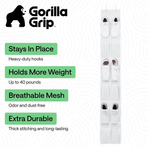 GORILLA GRIP Over The Door Shoe Organizer - 12 Large Breathable Mesh Pockets | Space-Saving Hanging Storage, 64H x 9.5W, White