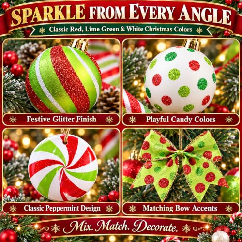 Bailiyake Christmas Tree Decorations Set with Red and Lime Green Ornaments, Wreath Bow & Elf Balls