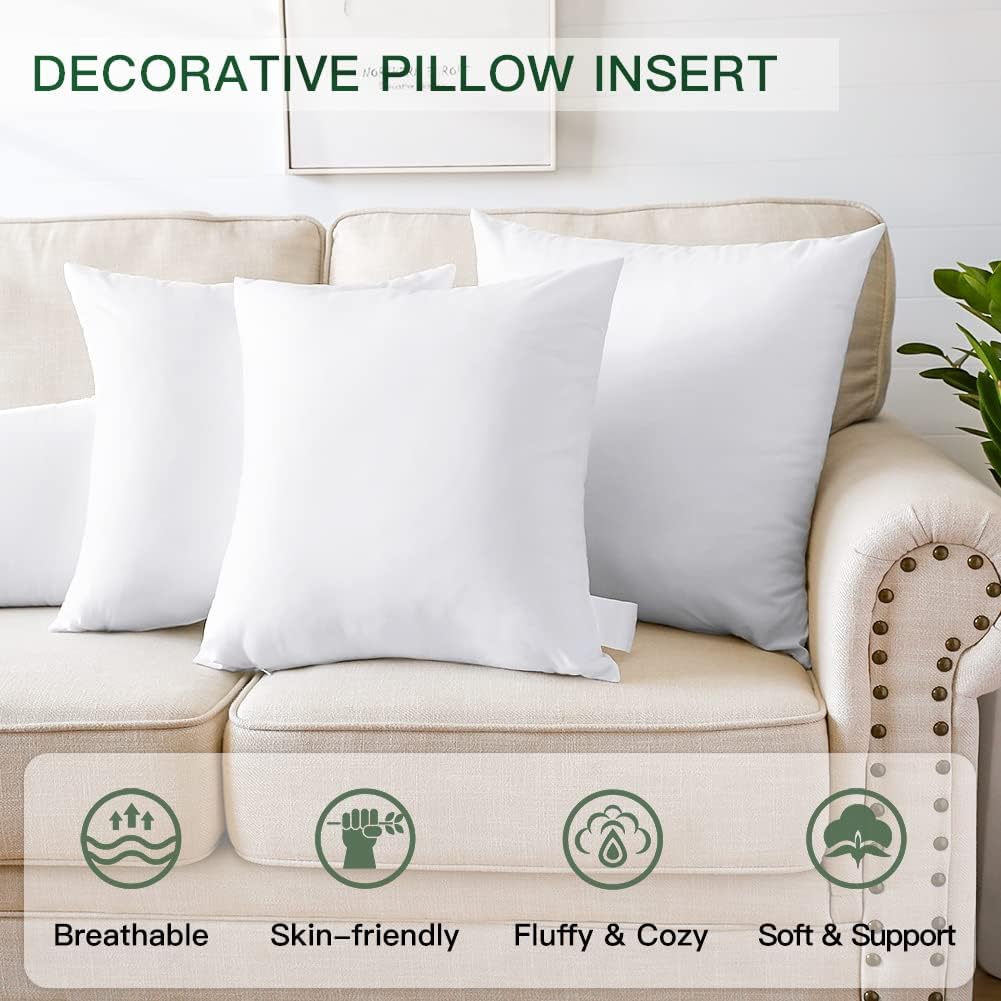 OTOSTAR Throw Pillow Inserts - Soft & Fluffy Cushion Pads | Pack of 4, 18 x 18 Inches, White
