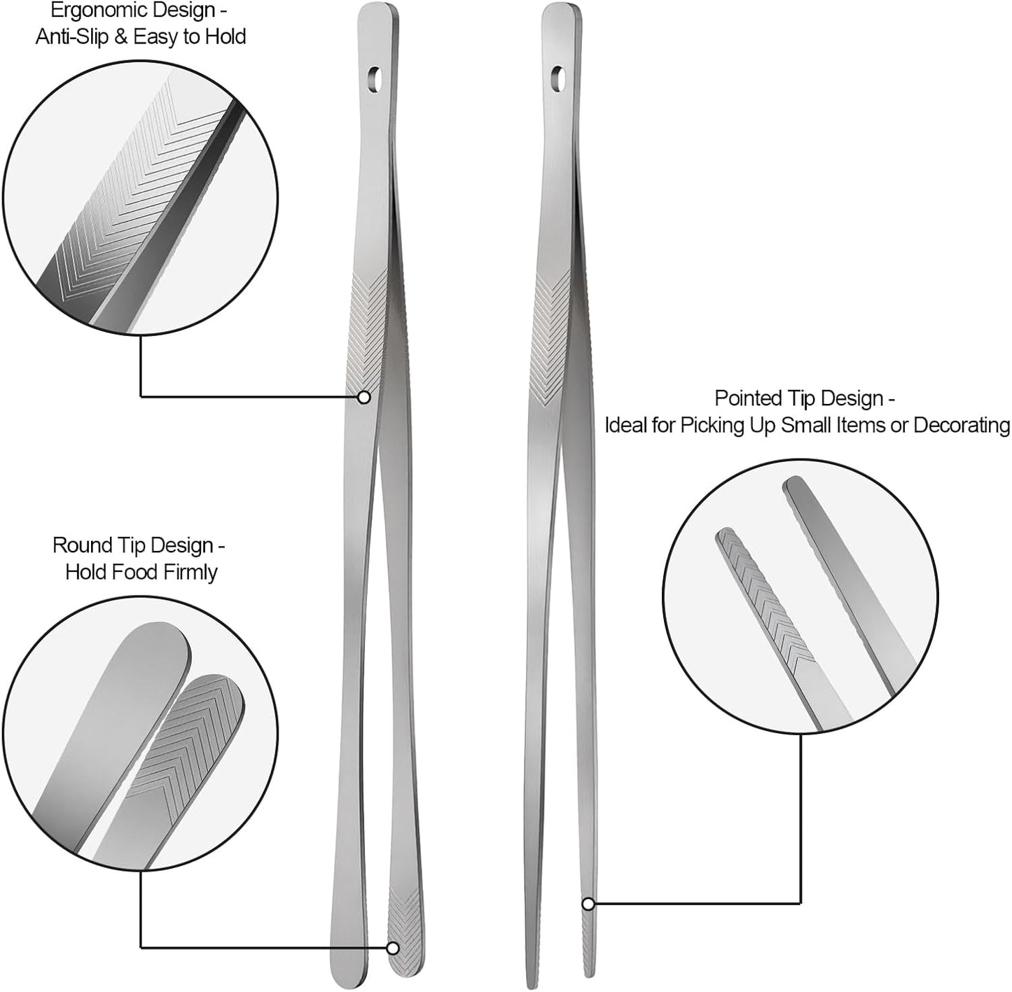 Vaincre Kitchen Tongs - 12" Stainless Steel Cooking Tweezers with Precision Serrated Tips | Perfect for Chefs & Culinary Use