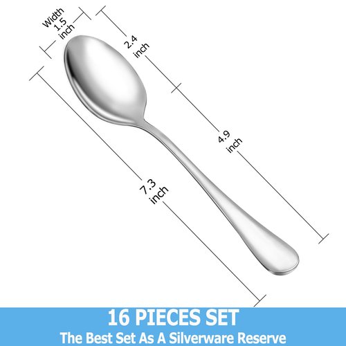 Dinner Spoon Set,16 Pcs 7.3" Tablespoons,Premium Food Grade Stainless Steel Spoons,Durable Metal Spoon,Tablespoon,Silverware Spoons Only,Mirror Finish & Dishwasher Safe,Use for Home,Restaurant