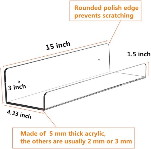 CY Craft Clear Acrylic Floating Shelves - 15 Inch Wall-Mounted Display Ledge | Set of 4 for Kitchen, Bathroom, Office