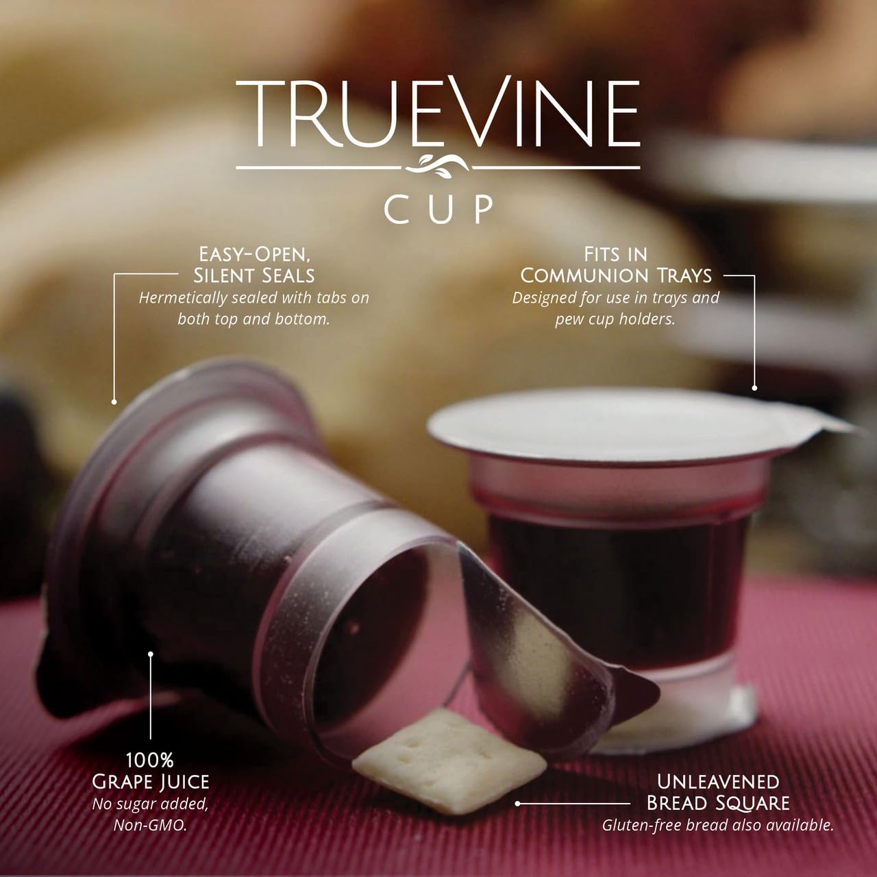 TrueVine Top & Bottom Communion Cups and Wafer Set - Prefilled Cups with Fresh Unleavened Bread & Grape Juice - Carefully Packaged & Easy to Open, Ideal First Communion Favors for Guests (100 Count)