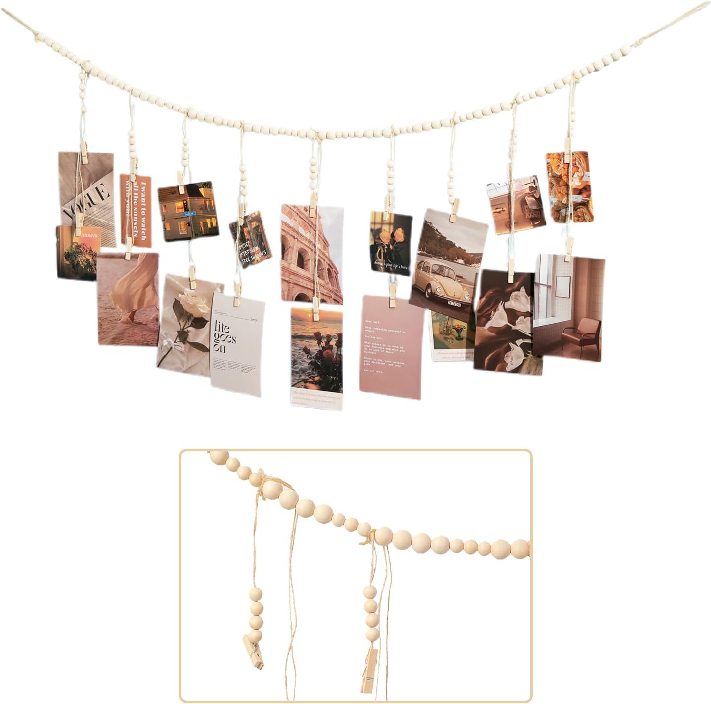 Skiennix Hanging Photo Display - 18 Wooden Clips for Boho Wall Décor | Perfect for Bedroom & Dorm