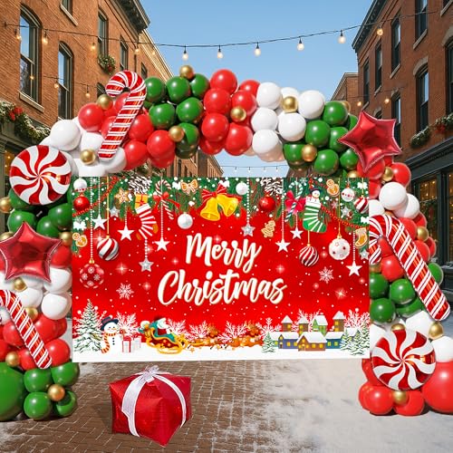Christmas Balloon Arch Kit 162Pcs with Backdrop Banner - Red Green Gold White Candy Cane Balloons