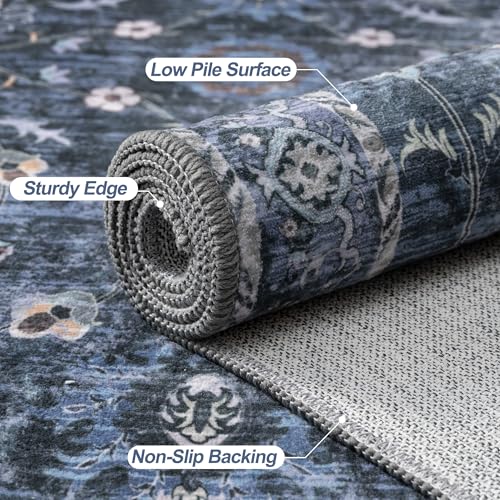 Distressed Blue & Black 5x7 Washable Area Rug for Bedroom & Living Room - Non-Slip