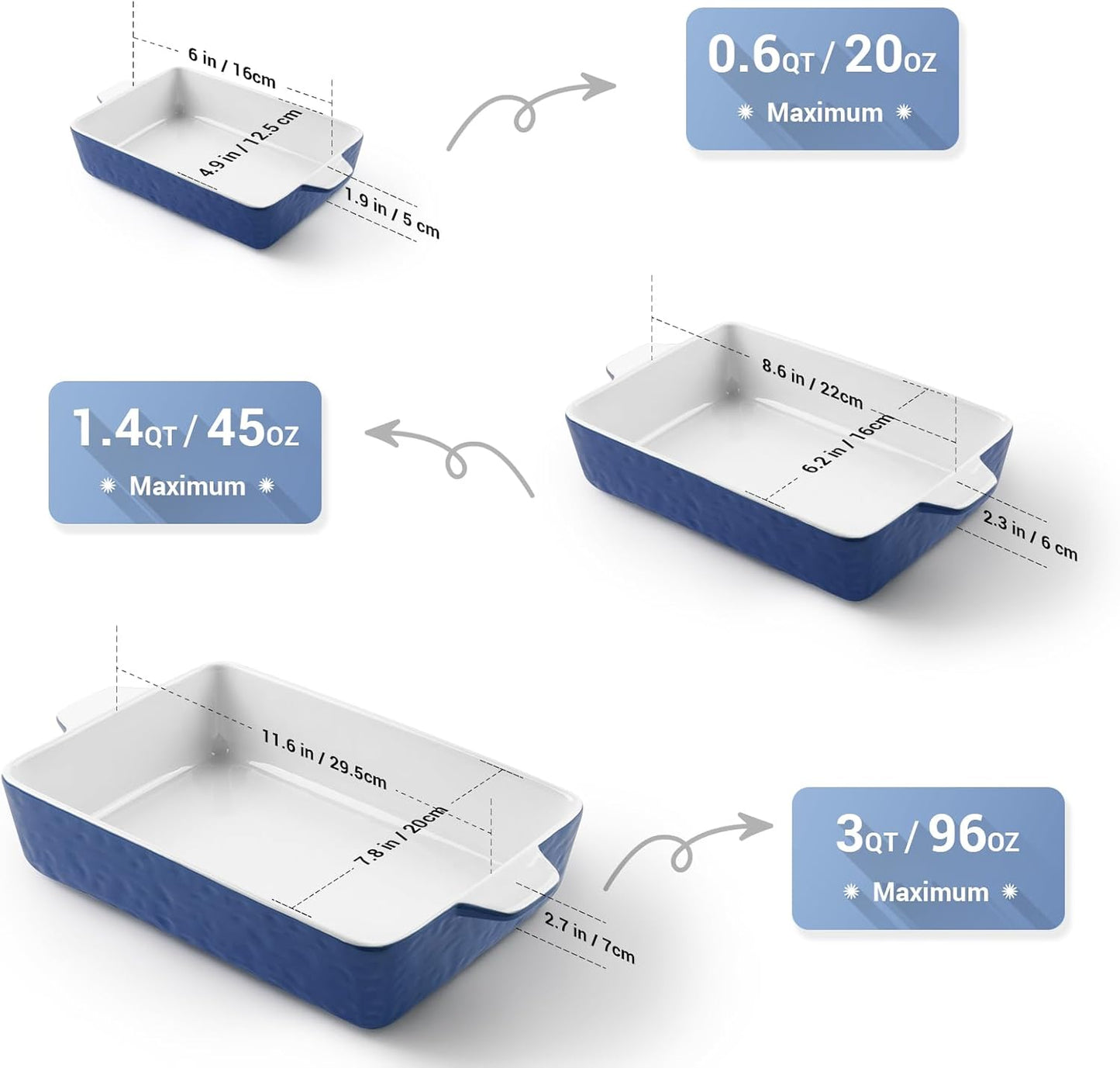 Regine Switzerland Casserole Dishes - Ceramic Baking Pan Set of 3 | Deep Porcelain Lasagna Dish (11.6" x 7.8", Dark Blue)
