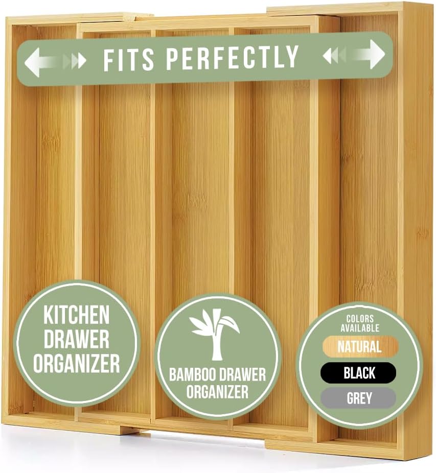 Purawood Kitchen Drawer Organizer - Expandable Bamboo Utensil & Cutlery Tray, 3-5 Slots (Natural Finish)