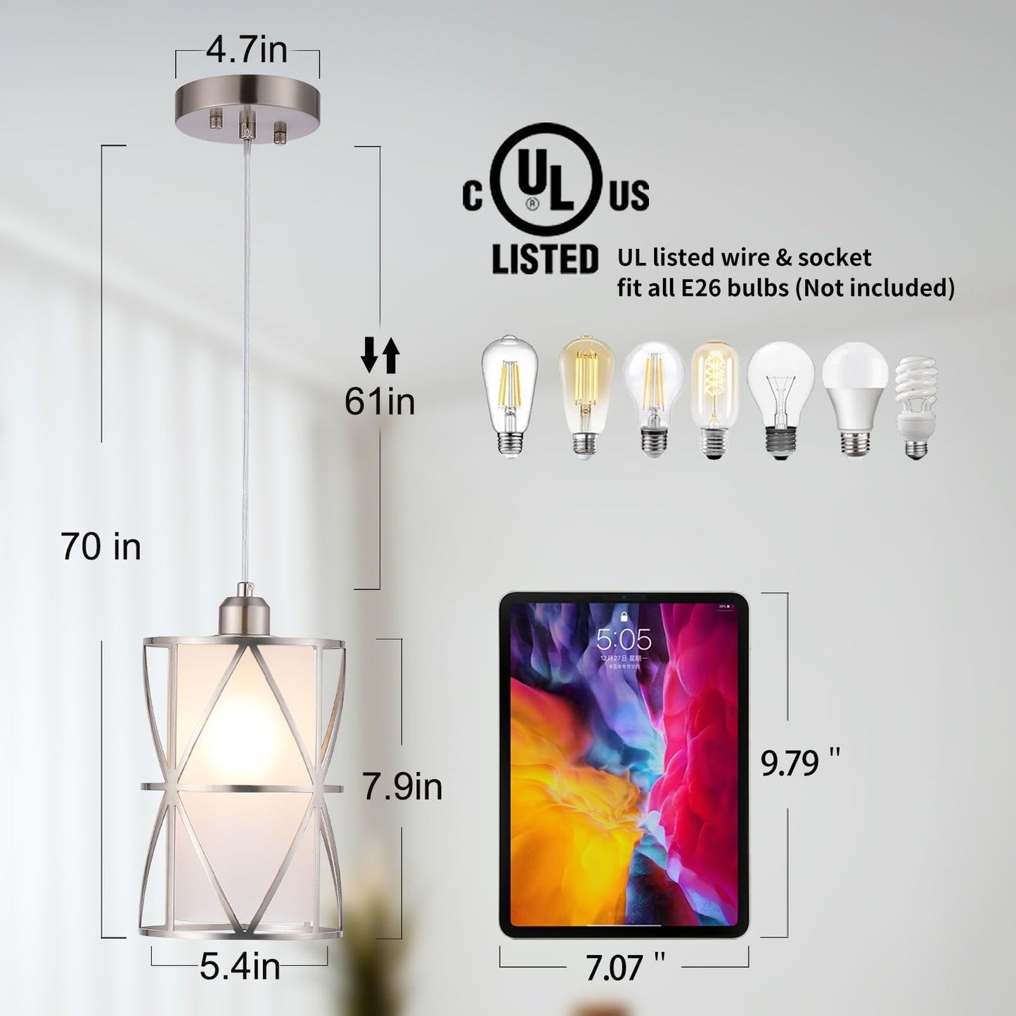 Zlierop Pendant Light with Frosted Glass, Modern Pendant Lights Kitchen Island, Brushed Nickel Pendant Light Fixtures, Cylindrical Pendant Lighting for Kitchen Island, Dining Room, Foyer