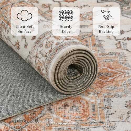 Orange & Gray 6x9 Boho Vintage Area Rug - Washable Non-Slip Living Room Carpet
