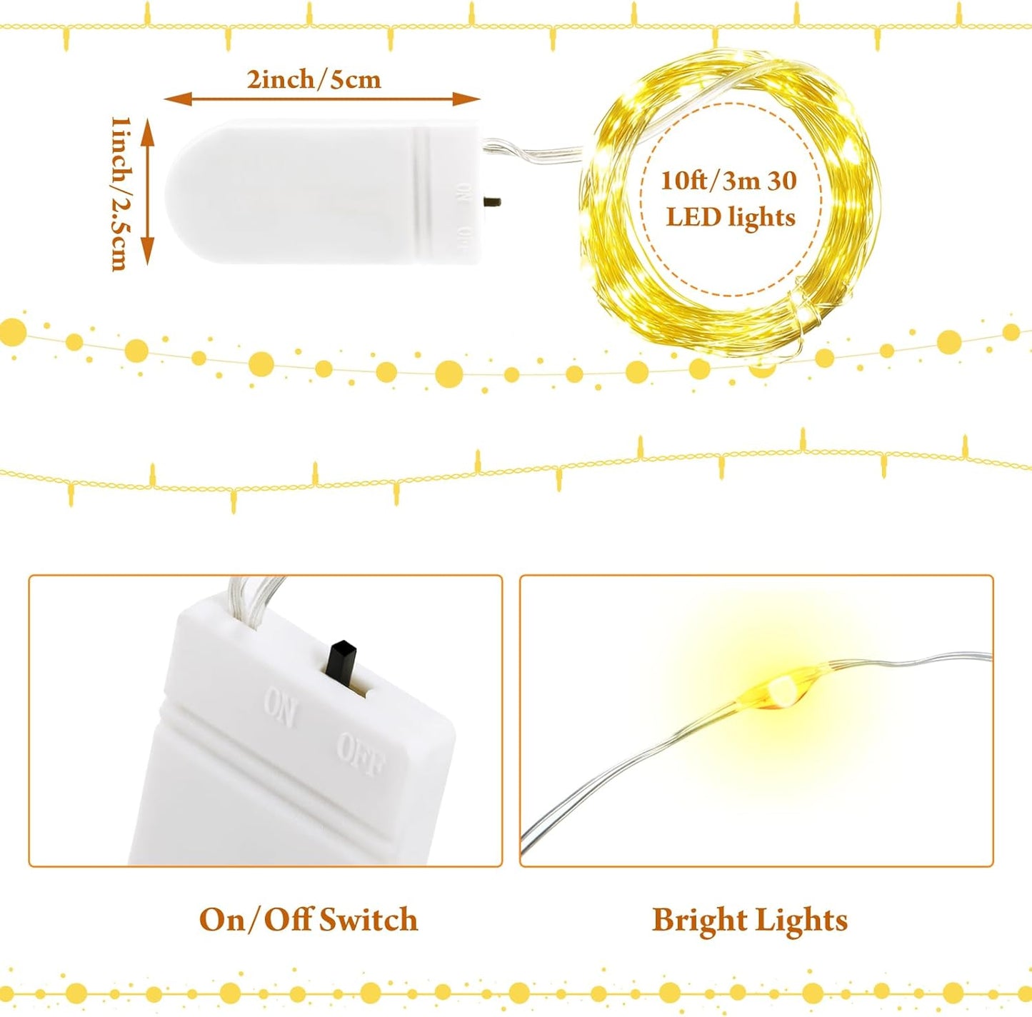 Riakrum 50 Pack 10 Ft LED Fairy Lights - Battery Operated Waterproof String Lights for Weddings & Decor | Warm White