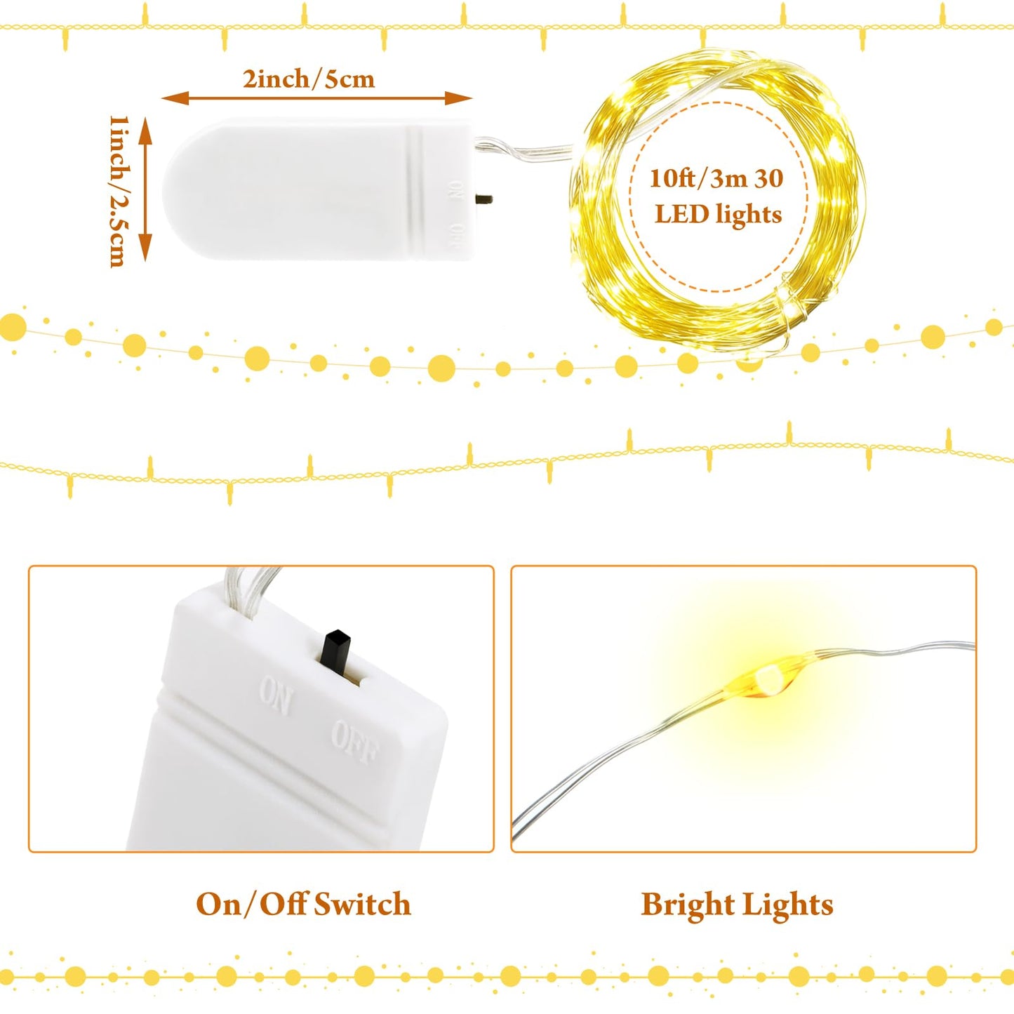 Riakrum 50 Pack 10 ft 30 LED Fairy Lights Battery Operated, Christmas Tiny String Lights Bulk Starry Light Waterproof for Mason Jars Wedding Party Christmas Centerpiece Table Decor, Warm White