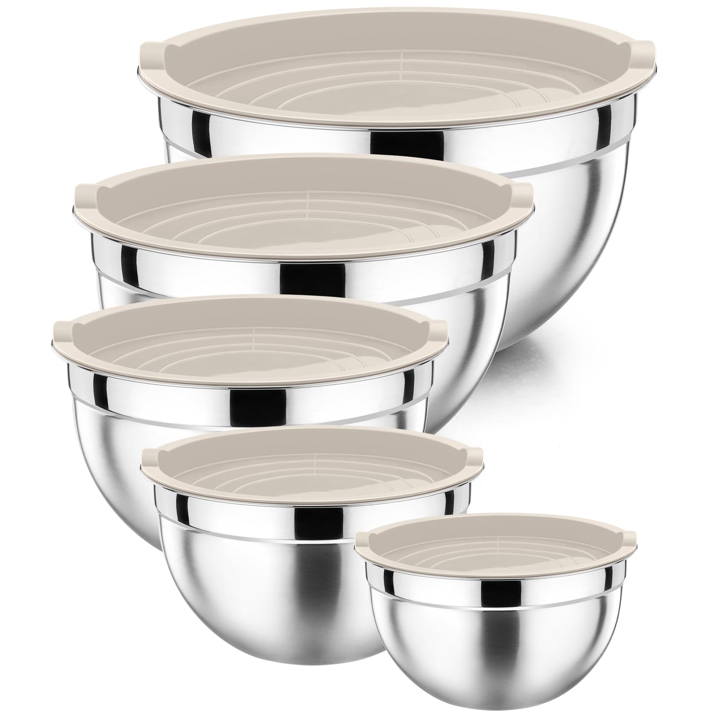 P&P CHEF Mixing Bowls with Airtight Lids Set of 5, 10-Piece Stainless Steel Mixing Nesting Bowl, Metal Bowl with Lid for Kitchen Prepping & Storing, Size 4.6, 3, 1.5, 1, 0.7 QT, Khaki