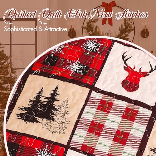 ROMROL Christmas Quilt Set Queen Size Red Bedding with Reindeer & Snowflake Pattern - Elk Variant