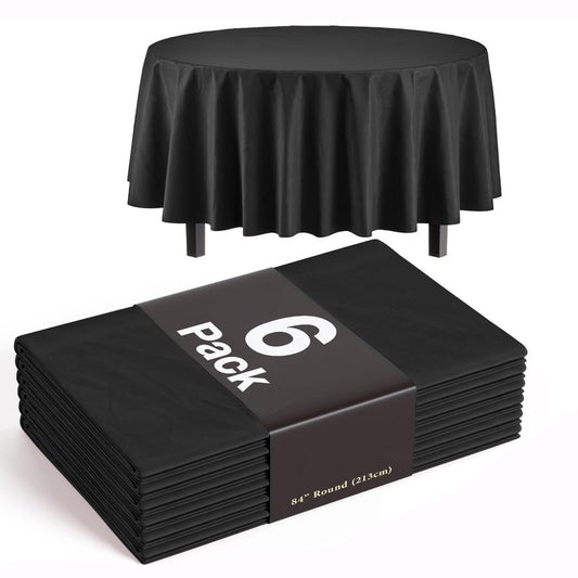 Exquisite 6-Pack Plastic Tablecloth 84 inch Round Value Pack Plastic Table Cover - Black