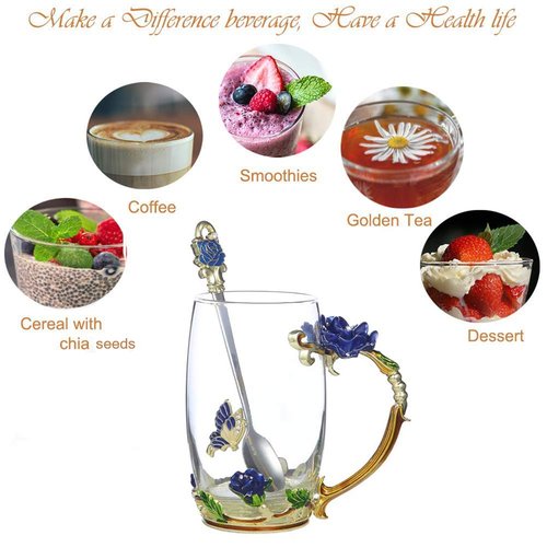 Gifts for Mom Women Unique Blue Tea Mug With Spoon Set & Flower Decoration - Top Birthday Christmas Gifts For Women Mom Who Has Everything