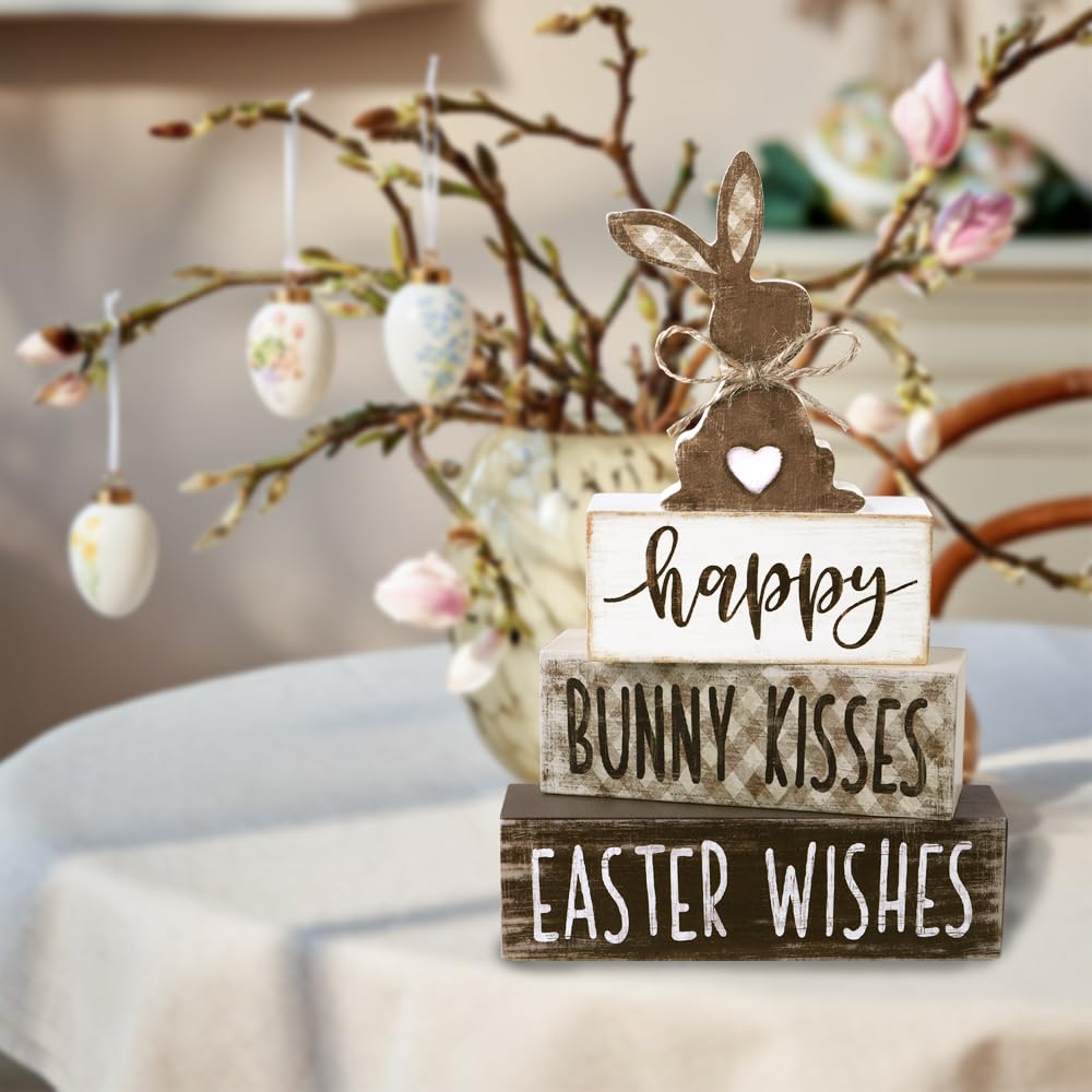 DIYDEC 4Pcs Easter Tabletop Decorations Bunny Wooden Block Signs Gift Rustic Tiered Tray Decor Happy Easter Centerpiece Farmhouse Wood Rabbit Table Sign for Kitchen Home Office Party Decor