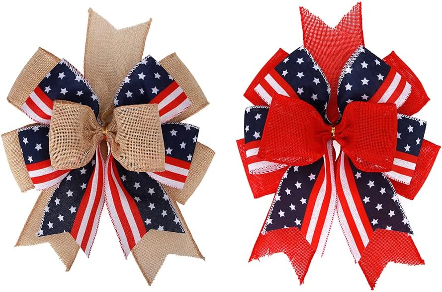 Meseey Patriotic Bows for Wreaths - Large Burlap Red, White & Blue Stripe Stars Bow | 12” x 9.4” for 4th of July Decor