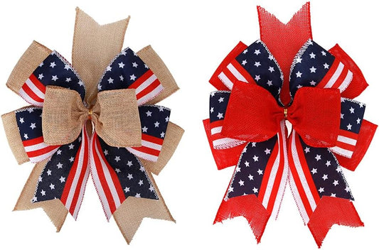 Meseey Patriotic Bows for Wreaths - Large Burlap Red, White & Blue Stripe Stars Bow | 12” x 9.4” for 4th of July Decor