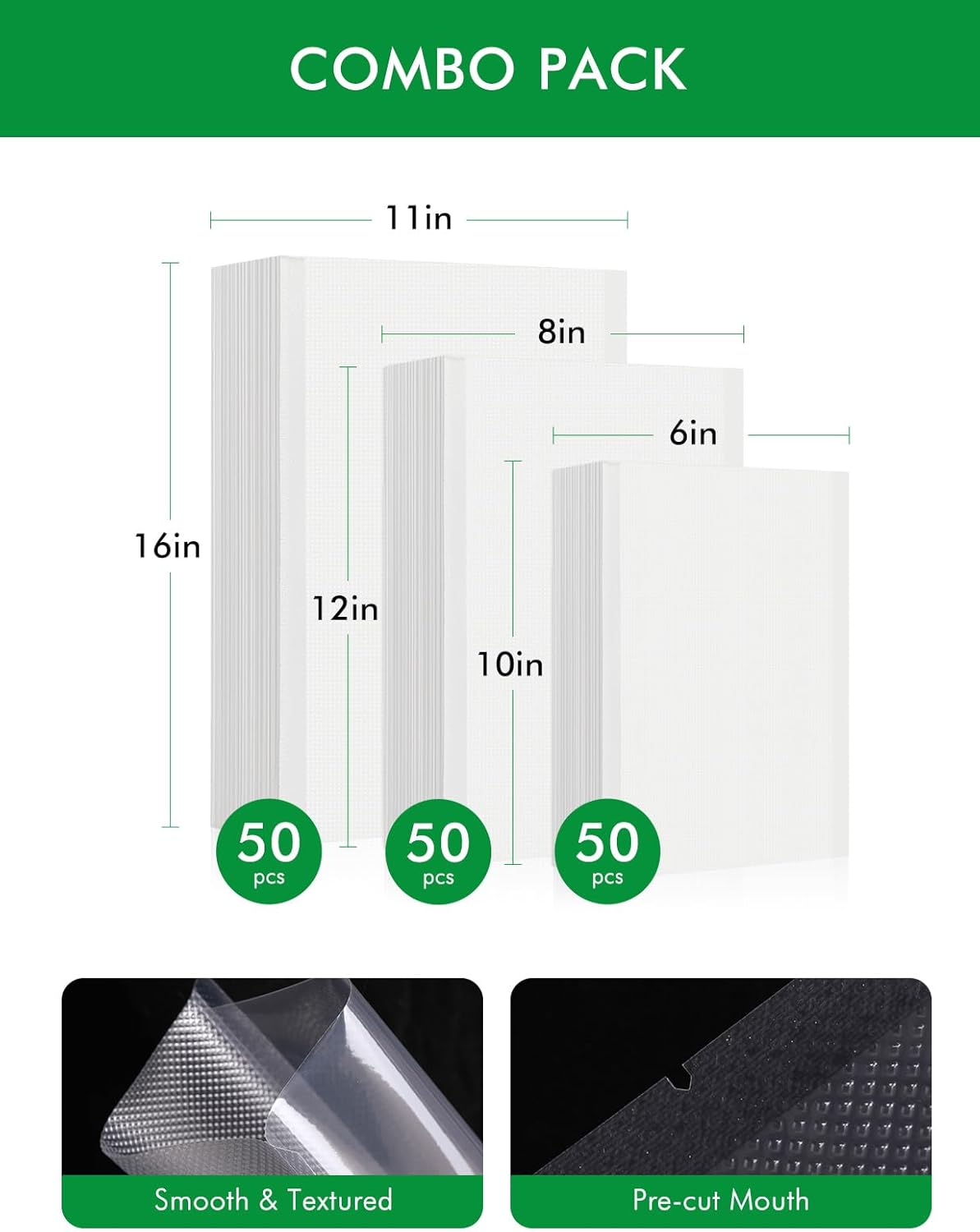 Vacuum Sealer Bags - Commercial Grade BPA-Free Food Storage | 150 Quart, 11"x16", 8"x12", 6"x10" Sizes