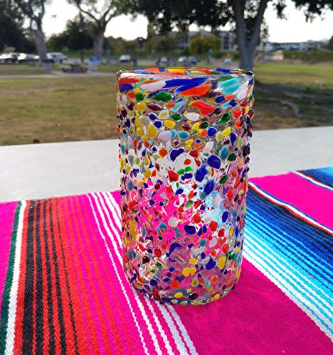 Hand Blown Mexican Drinking Glasses Set of 6 - Confetti Rock Design, 14 oz