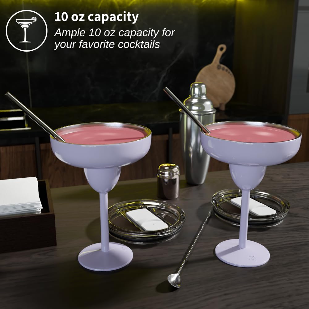 Mother’s Day Gift for Mom – Set of 2 Lilac Insulated Stainless Steel Margarita Glasses with Lid, Unbreakable Cocktail Tumbler Set, Keeps Drinks Cold, Gift for Women Wife Friend