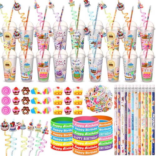 Birthday Party Favor Set - 24 Plastic Cups, Lids, Straws, Wristbands & More - Variation of THIS listing
