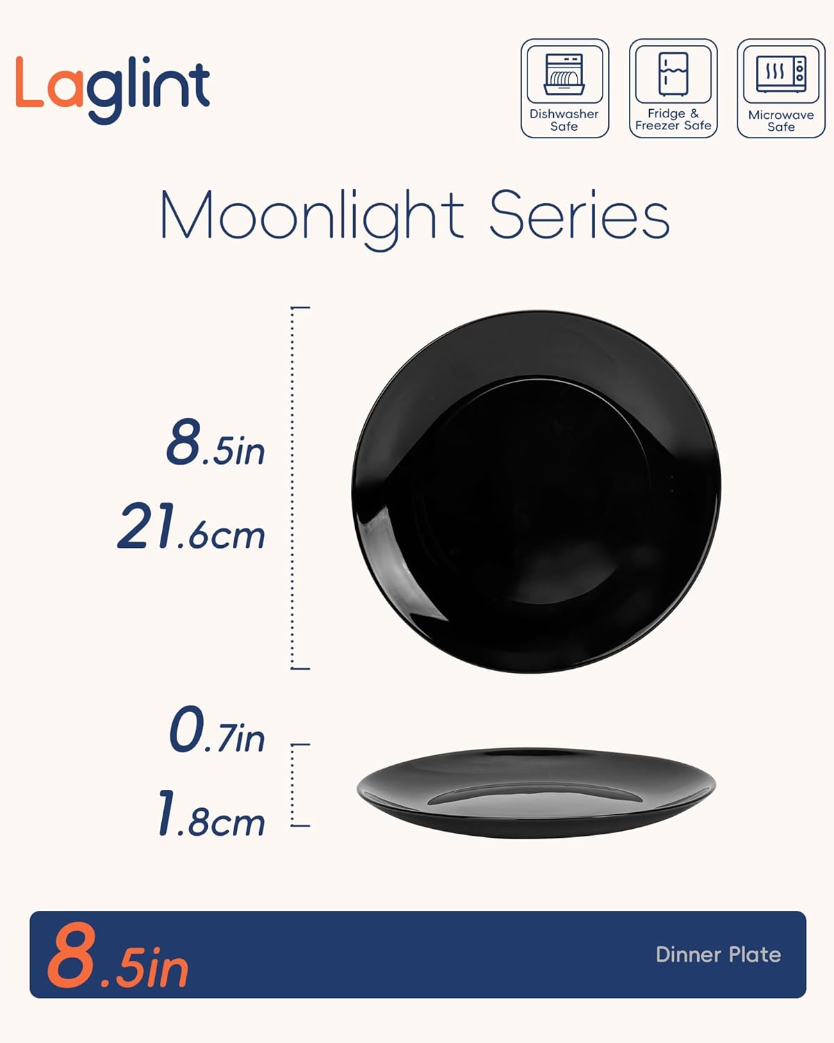 LaGlint 8.5-Inch Salad Plate Set of 6 | Lightweight Opal Glass Black Plates | Dishwasher & Microwave Safe
