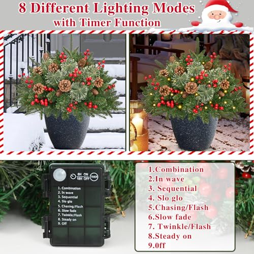 Waipfaru 26-Inch Outdoor Prelit Planter Bushes with Cones & Red Berries - Light Green 2 Pack