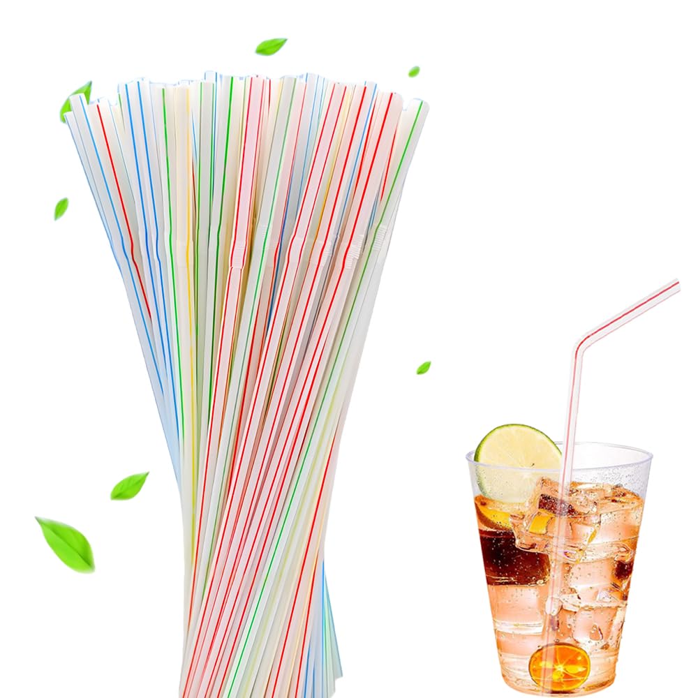 [Honest ECO ] 9.45inch Flexible Plastic Straws Extra Long Bendy Straws Prefer for Tall Glassees/Water Tumbler/Bottled Drinks/All Hot or Cold Low Viscosity Drinks (Stripe)