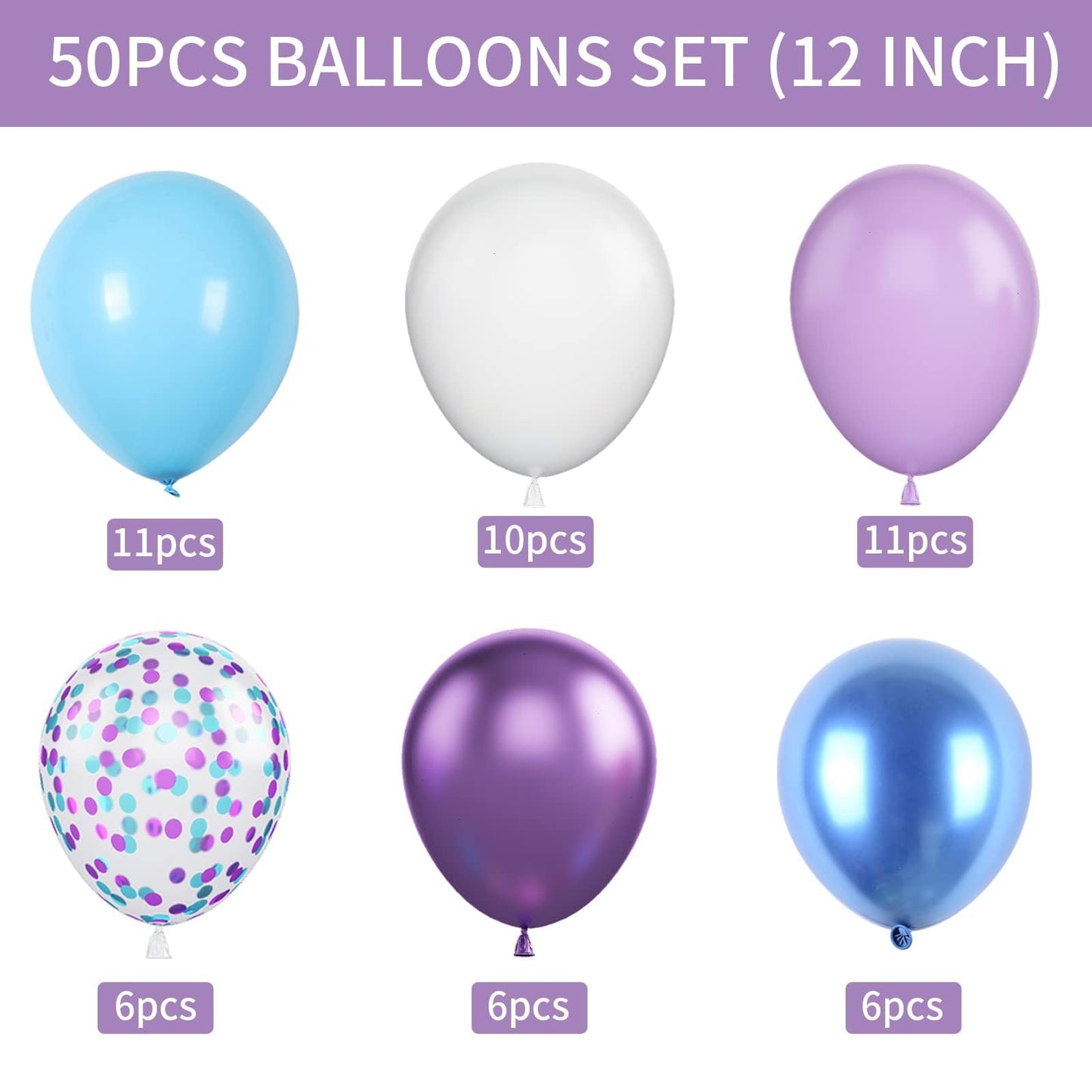 Blue and Purple Balloons Set, 50 PCS Blue 12 Inch Mermaid Balloon, Metallic Purple White Latex Ballons Confetti Helium Balloons for Girls Mermaid Birthday Party Baby Shower Winter Supplies