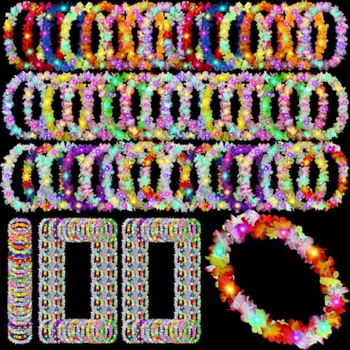 Sherr 100 Pcs LED Hawaiian Leis – Bright Rainbow Light-Up Luau Party Necklaces