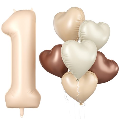 Biapian 40 Inch Light Brown Number 1 Balloon, Caramel Large Number One Balloon Digital with Cream Foil Heart Balloon for 1st Birthday Decorations first One Year Boys Girls Baby Shower Party Decor