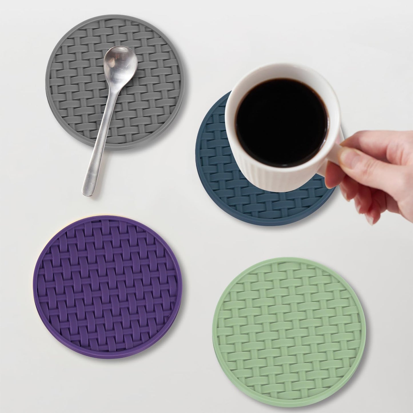 4 Inch Blue Silicone Coasters for Drink Set of 6, Heat-Resistant Waterproof Non-Slip Cup Mats, Round Table Protectors for Coffee Mugs & Beverage Cups, Ideal for Home Kitchen Office Use