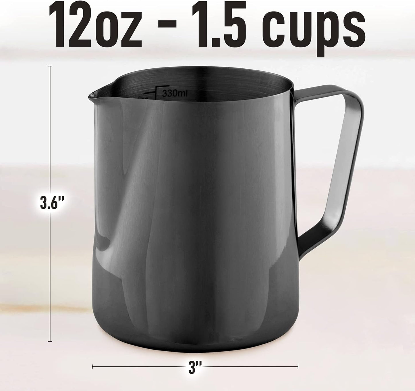 Zulay Milk Frother Cup - Stainless Steel Frothing Pitcher with Laser-Welded Handle | 350ml (12oz) Black