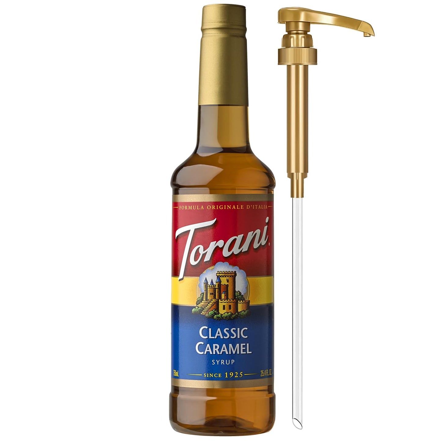 Torani Coffee Syrup - Classic Caramel Flavor for Drinks | Includes Pump, 25.4 Fl Oz