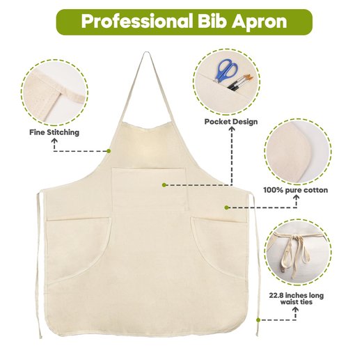 conda 100% Cotton Canvas Professional Bib Apron With 3 Pockets for Women Men Adults,Waterproof,Natural 31inch By 27inch