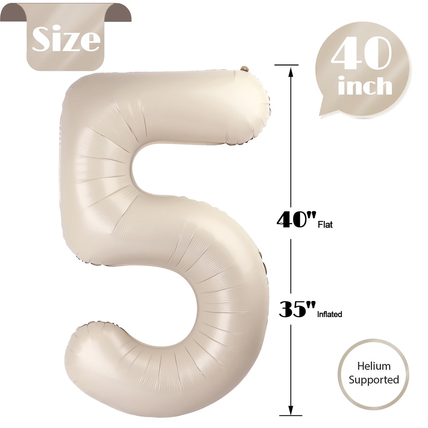 Cream Number 5 Balloon 40 Inch, 5th Birthday Party Decorations for Children, Giant 5 Foil Balloon for Party Supplies