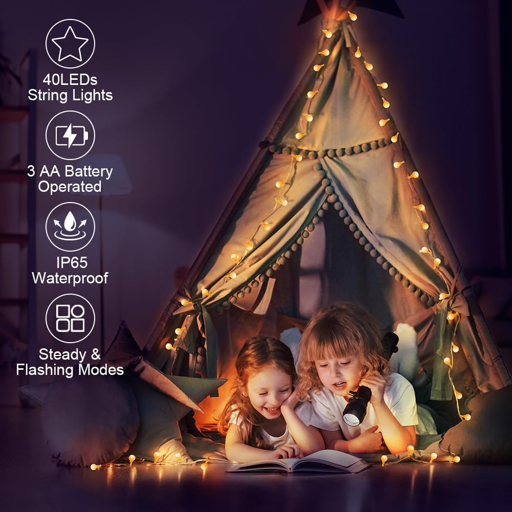 AUAUY String Lights, 40 LED 19.6FT String Lights Battery Operated 2 Modes, Christmas Lights Bedroom, Waterproof Outdoor Lights for Indoor Outdoor Wedding Party New Year Garden Decorations(Warm White)