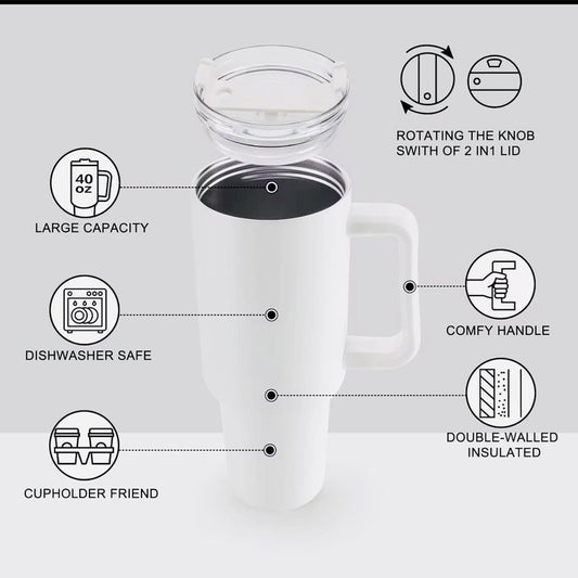 40 oz Stainless Steel Insulated Tumbler With Handle and Straw, Leakproof Lid, Double wall Vacuum Travel Mug, Keeps Drinks Hot and Cold 24h, Large Reusable Water Bottle, Car Cup Holder Friendly.