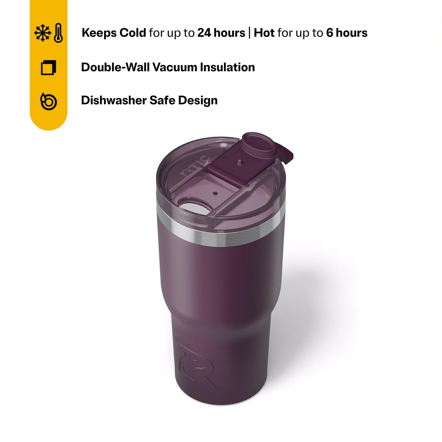 RTIC 20oz Essential Tumbler with Lid, Ceramic Lined, Insulated, Stainless Steel, Metal, Double Wall Vacuum-Insulation, Travel Cup for Iced Coffee, Tea, Hot and Cold Drink, Plum
