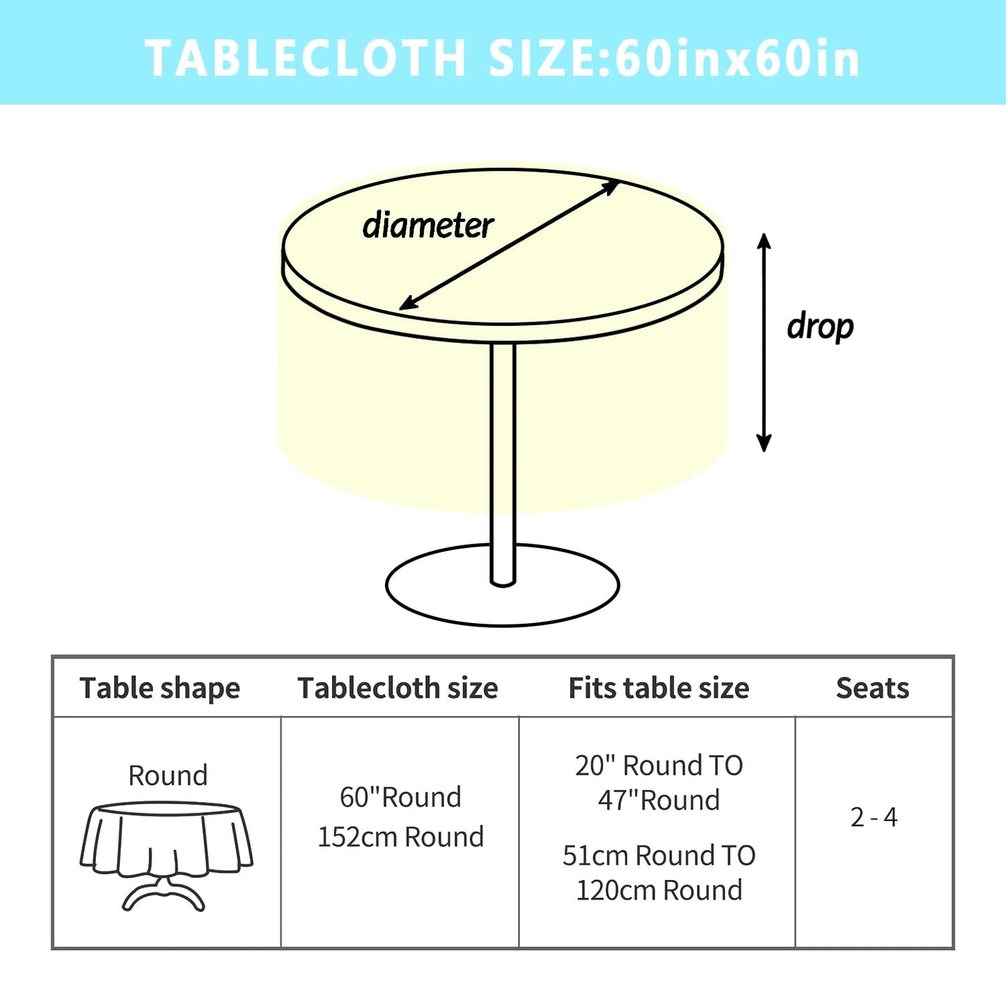 Kuyuayee Easter Bunny Round Tablecloth 60x60 Inch Waterproof Rabbit Eggs Tablecloths Washable Table Cloth for Spring Easter Party Picnic Dinner Home Decor