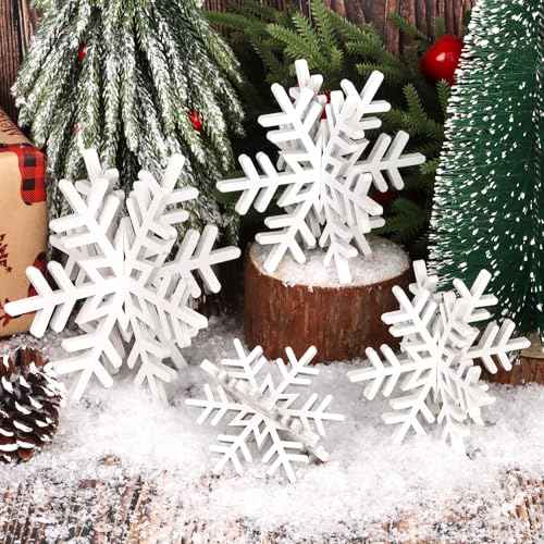 CCINEE 8pcs Christmas Wooden Snowflake Decoration Winter Snowflake Tabletop Sign White 3D Snowflake Tabletop Decor Glitter Snowflake Centerpiece for Xmas Wooderland Party Home Decoration