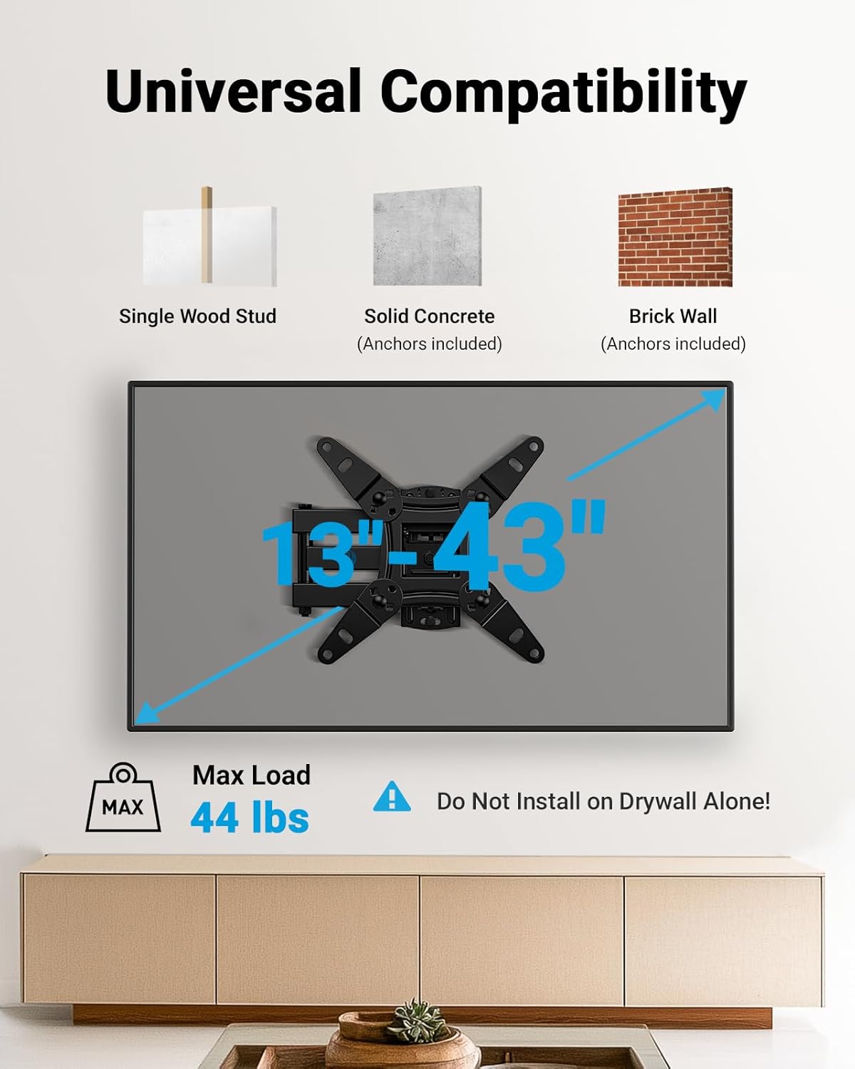 Pipishell Full Motion TV Wall Mount - Fits 13-43 Inch TVs & Monitors | Max VESA 200x200mm, 44lbs Capacity