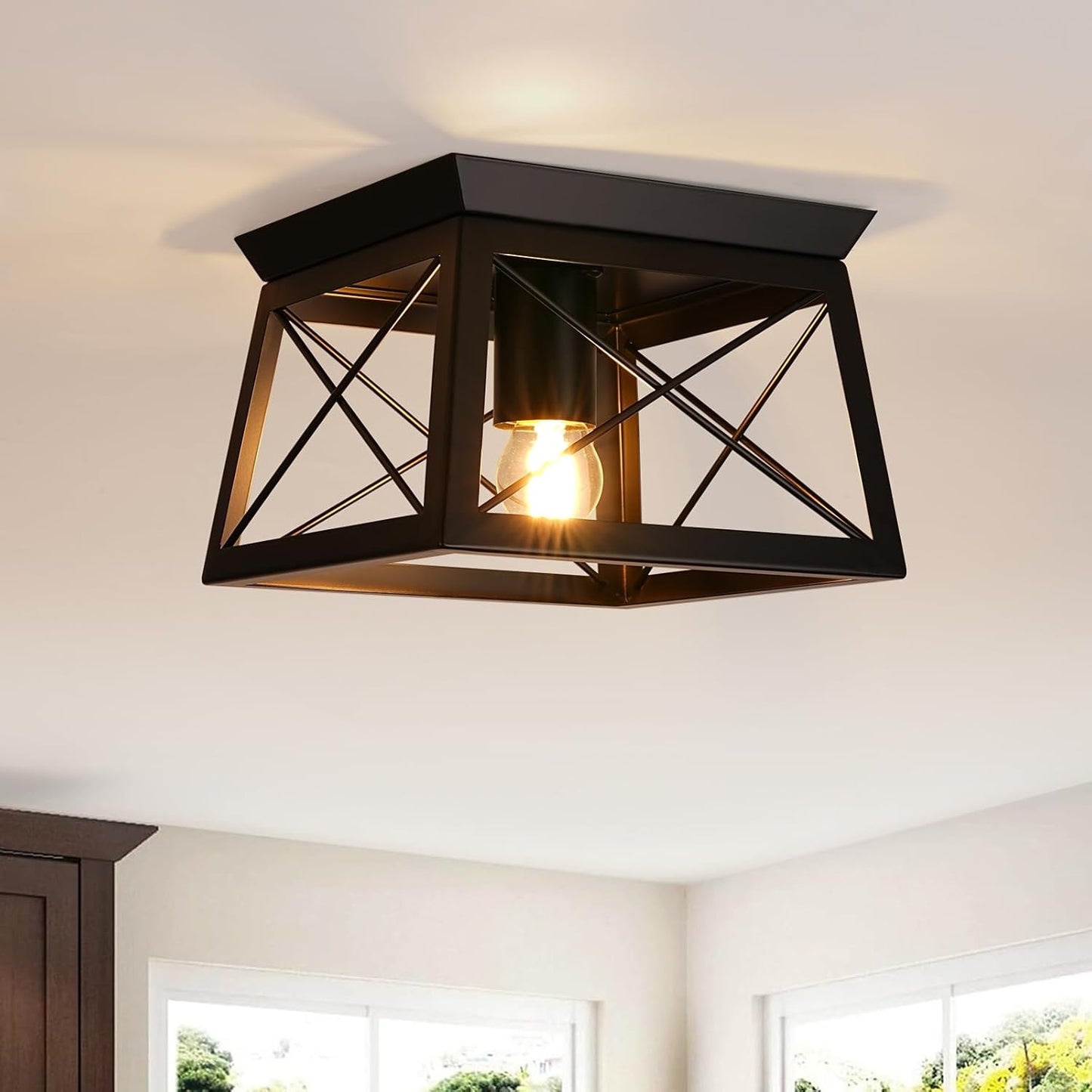 Farmhouse Flush Mount Ceiling Light Oak White Ceiling Light Fixtures 2-Light Industrial Vintage Metal-Framed Ceiling Lighting for Hallway Foyer Kitchen Dining Room Bedroom Living Room Laundry