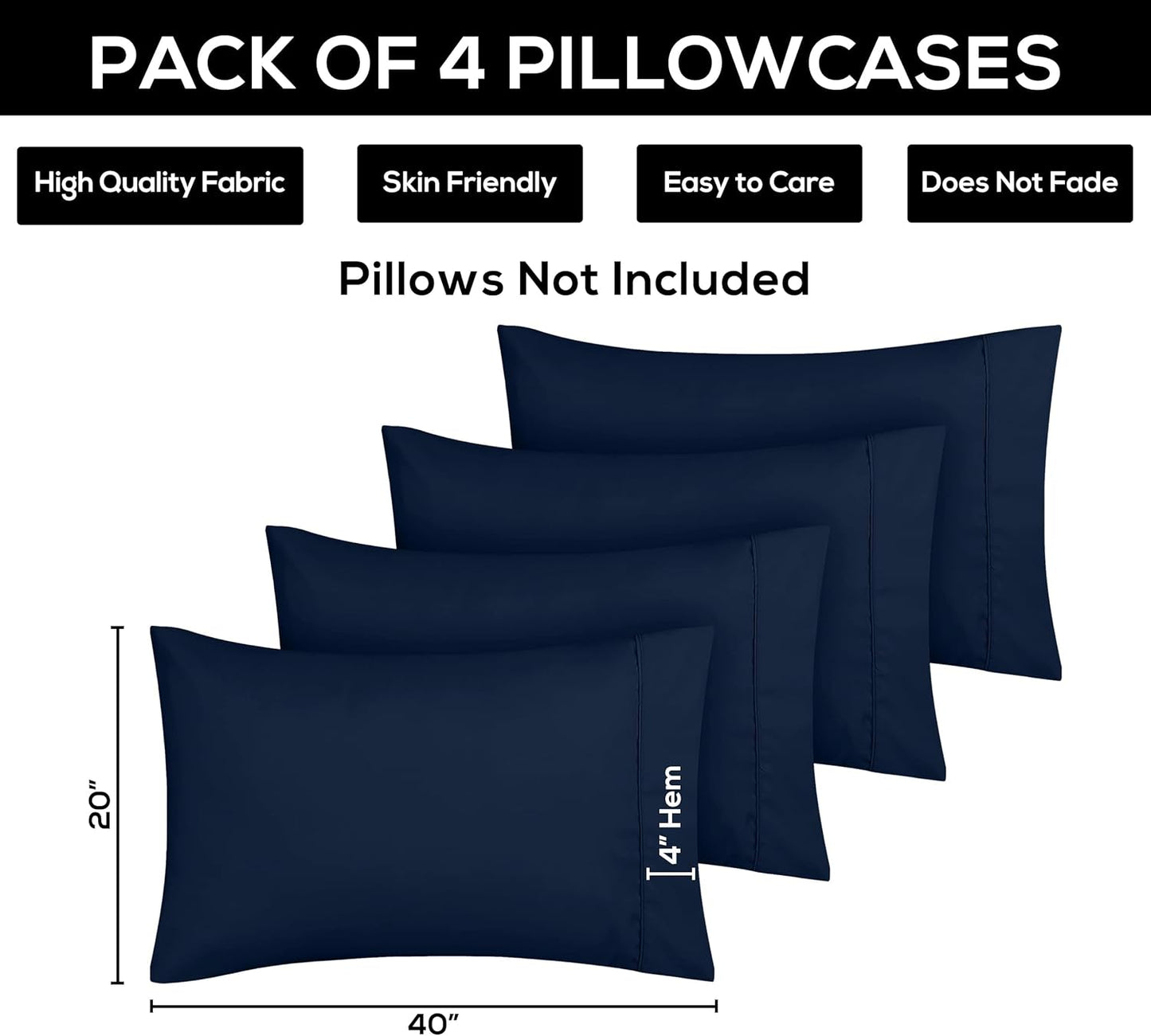 Utopia Bedding King Pillow Cases | 4-Pack Soft Brushed Microfiber | Fade Resistant 20 x 40 Inches (Navy)