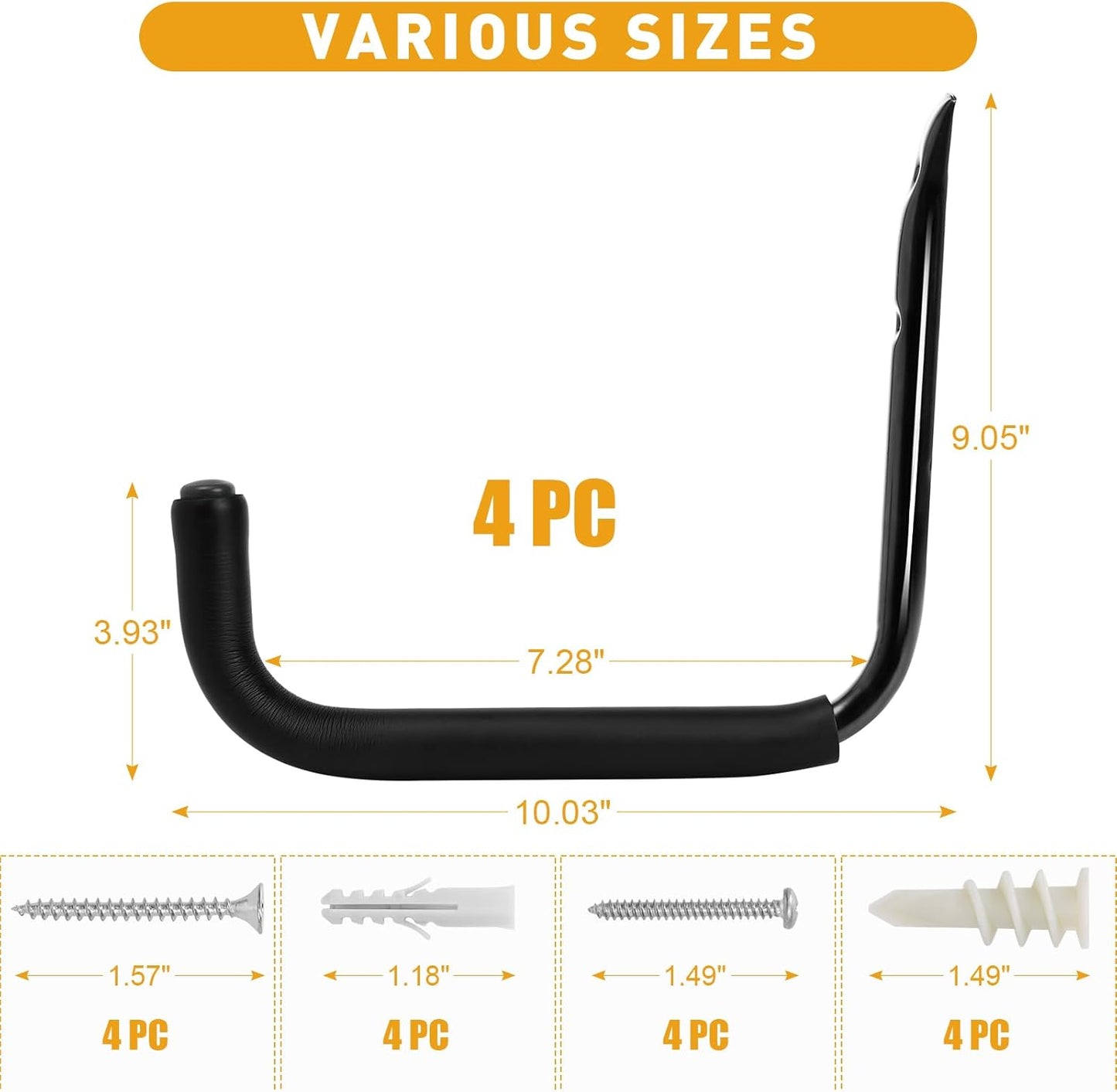 KURUI 10" Heavy Duty Garage Wall Hooks - 66 LB Capacity Hose Holder for Ladders & Tools | 4 Pack, Black