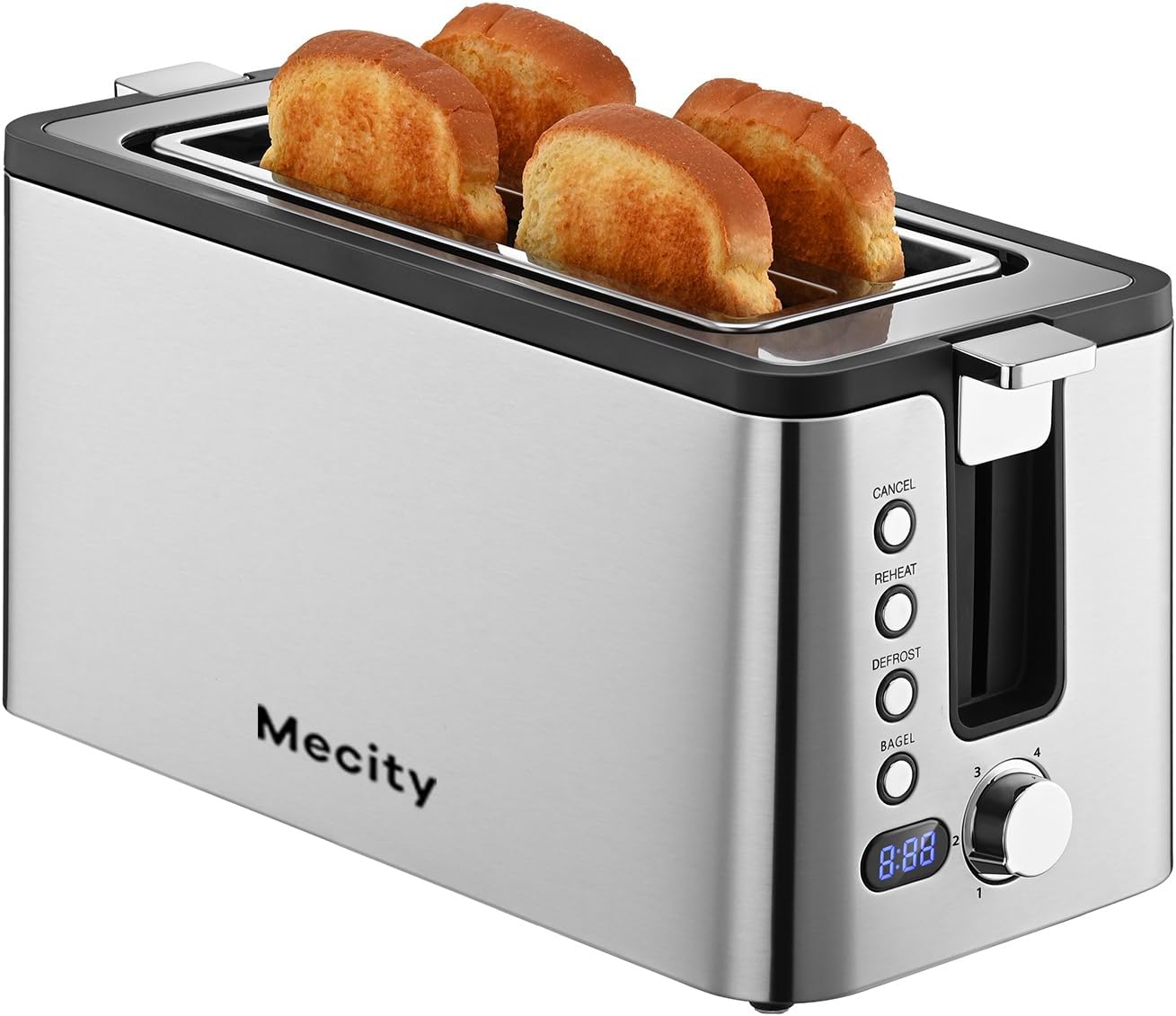 Mecity 4-Slice Toaster - Long Slot Design with Countdown Timer & 6 Browning Settings | Stainless Steel